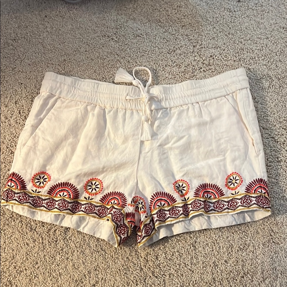 LOFT High Waist White and Red Embroidered Shorts